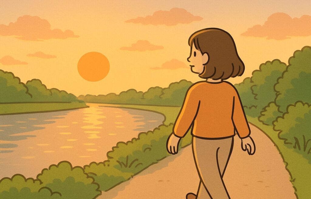 夕焼けの川沿いを静かに歩く女性の後ろ姿を描いたデジタルイラスト。空はやわらかいオレンジ色に染まり、女性はゆったりとした服装で、自然と調和するように歩いている。温かく落ち着いた雰囲気が、心の安らぎや“明日も歩きたくなる”気持ちをやさしく伝えている。